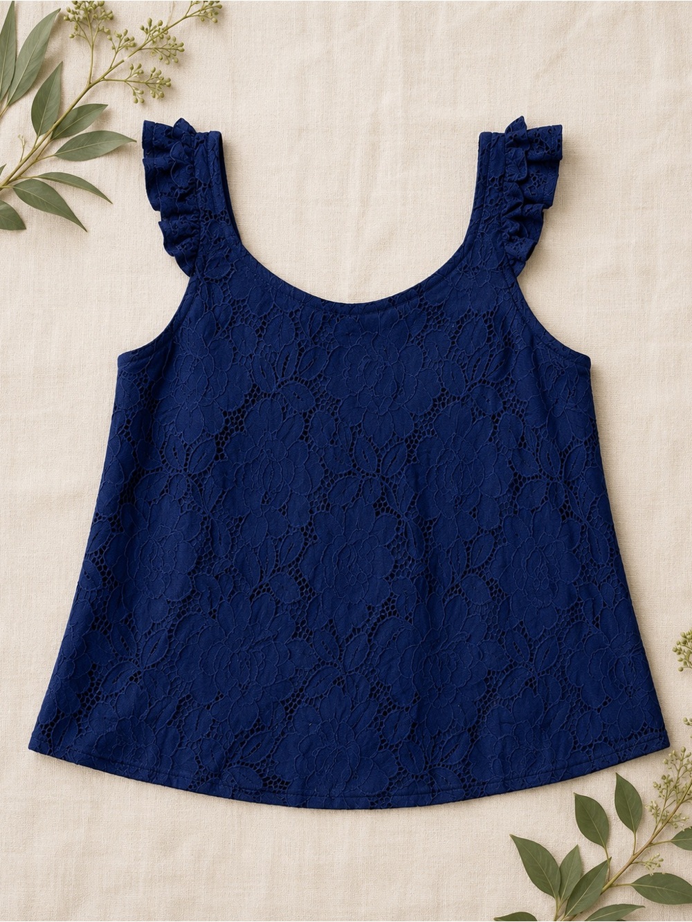 Monteau Navy Blue Lace Ruffle Sleeve Sleeveless Boho Top